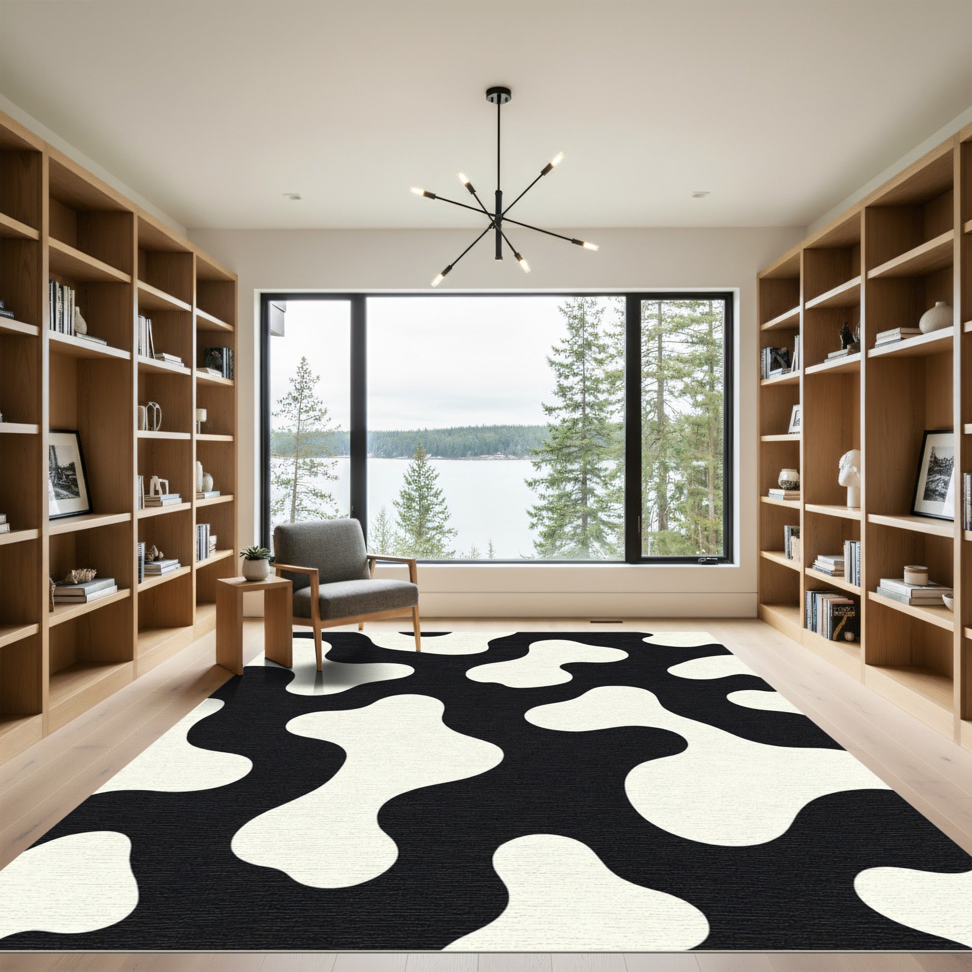 Black White Organic Blob Pattern Rug