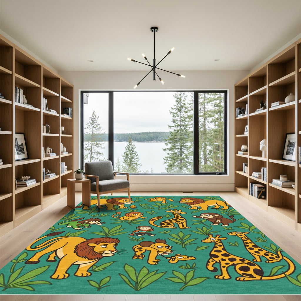 Whimsical Jungle Animals Green Background Rug