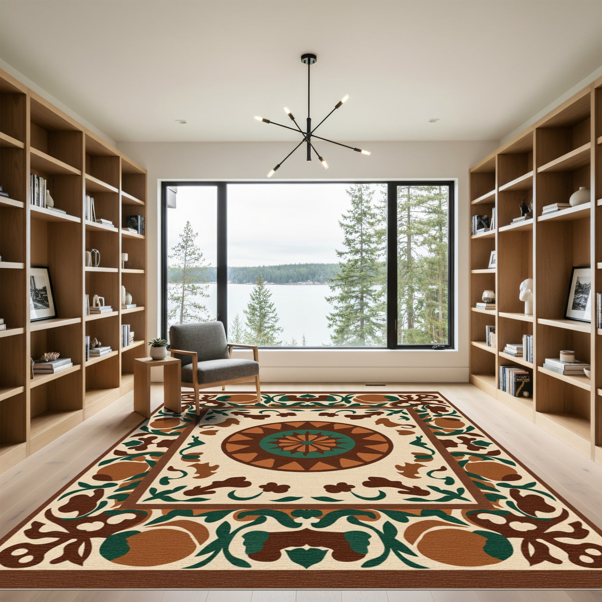 Brown Emerald Floral Medallion Border Rug