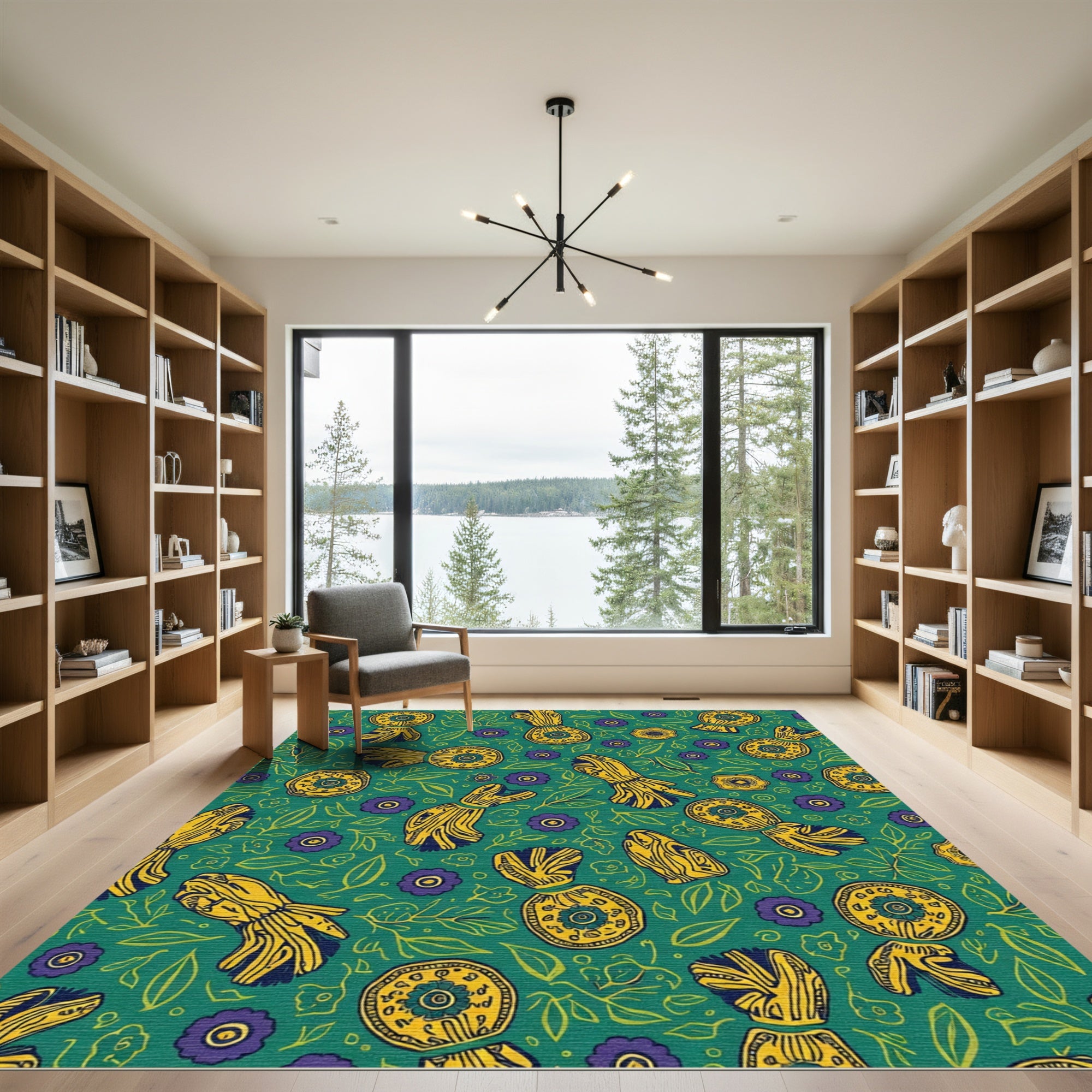 Green Folk Art Sun Mandala Rug