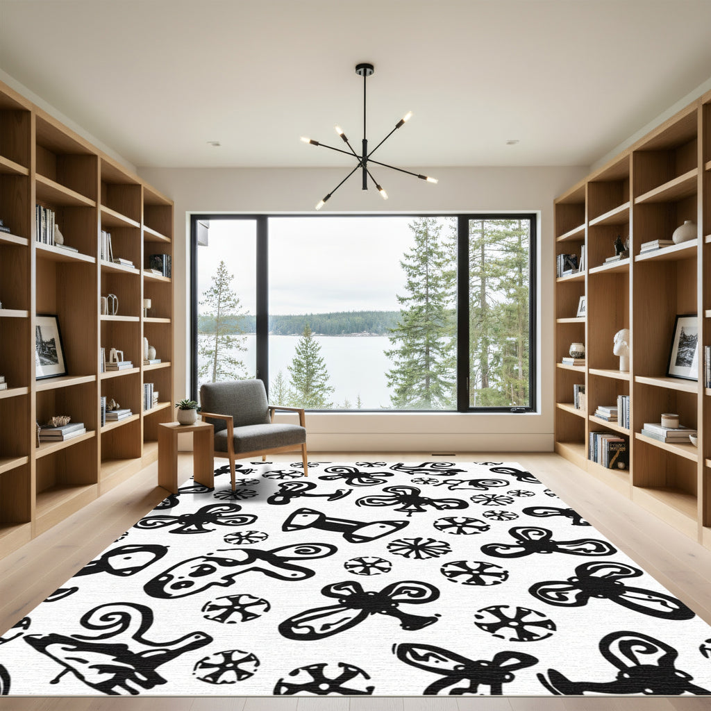 Abstract Black Whimsical Clover Spots Rug