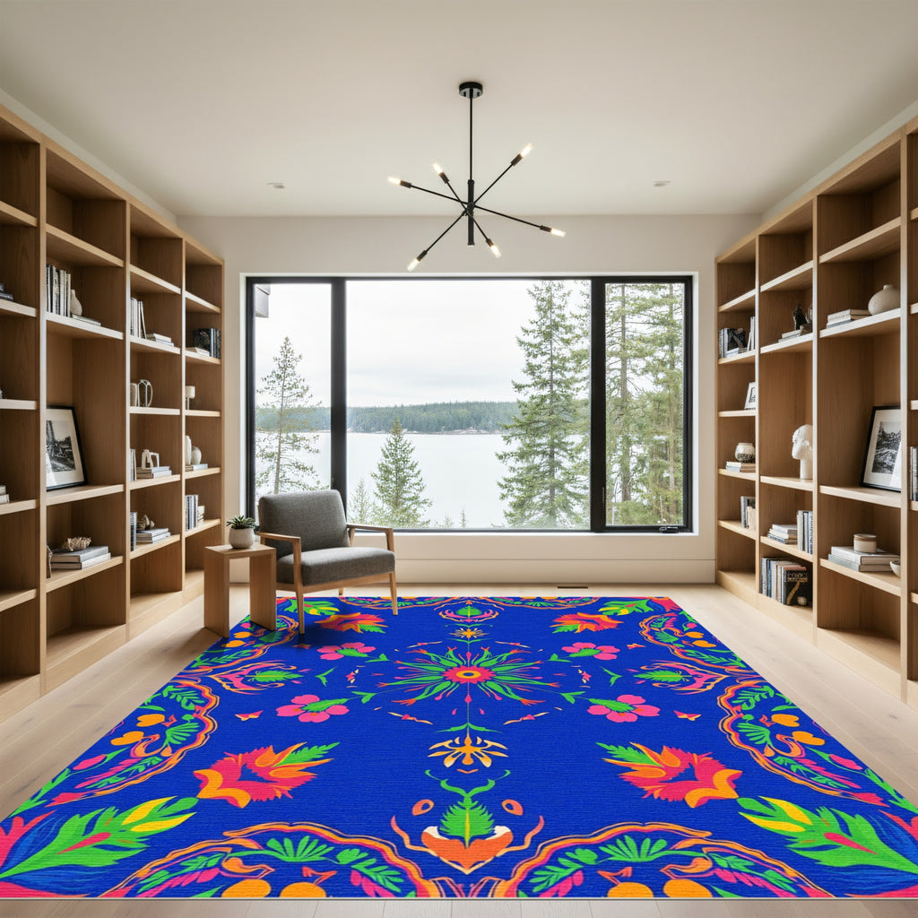 Vibrant Blue Tropical Floral Medallion Rug