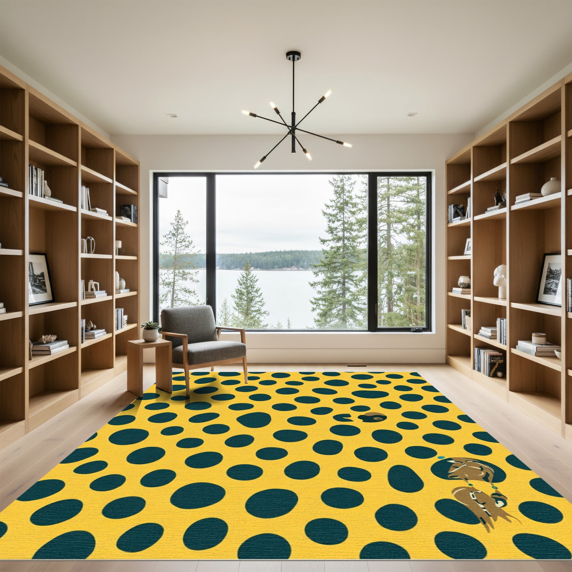 Yellow Teal Polka Dot Animal Print Rug
