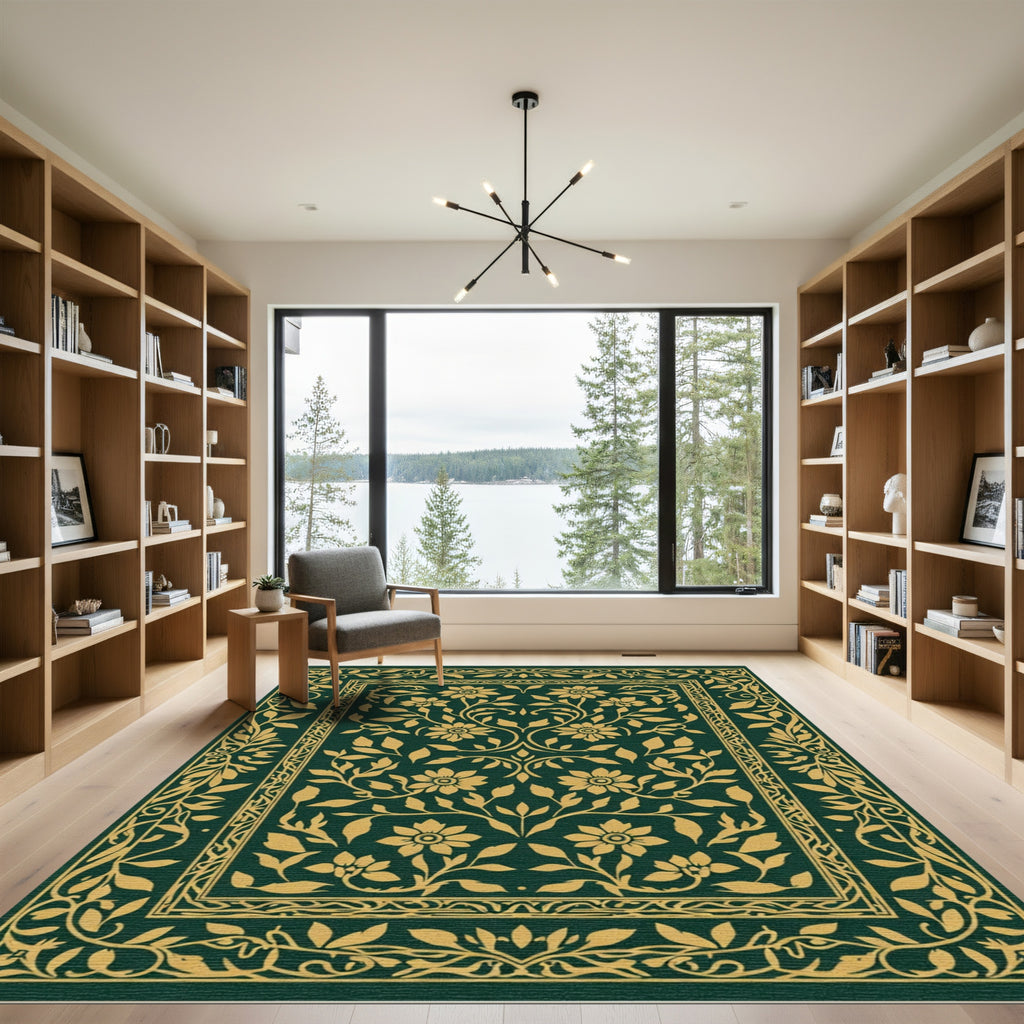 Emerald Gold Floral Vine Border Rug