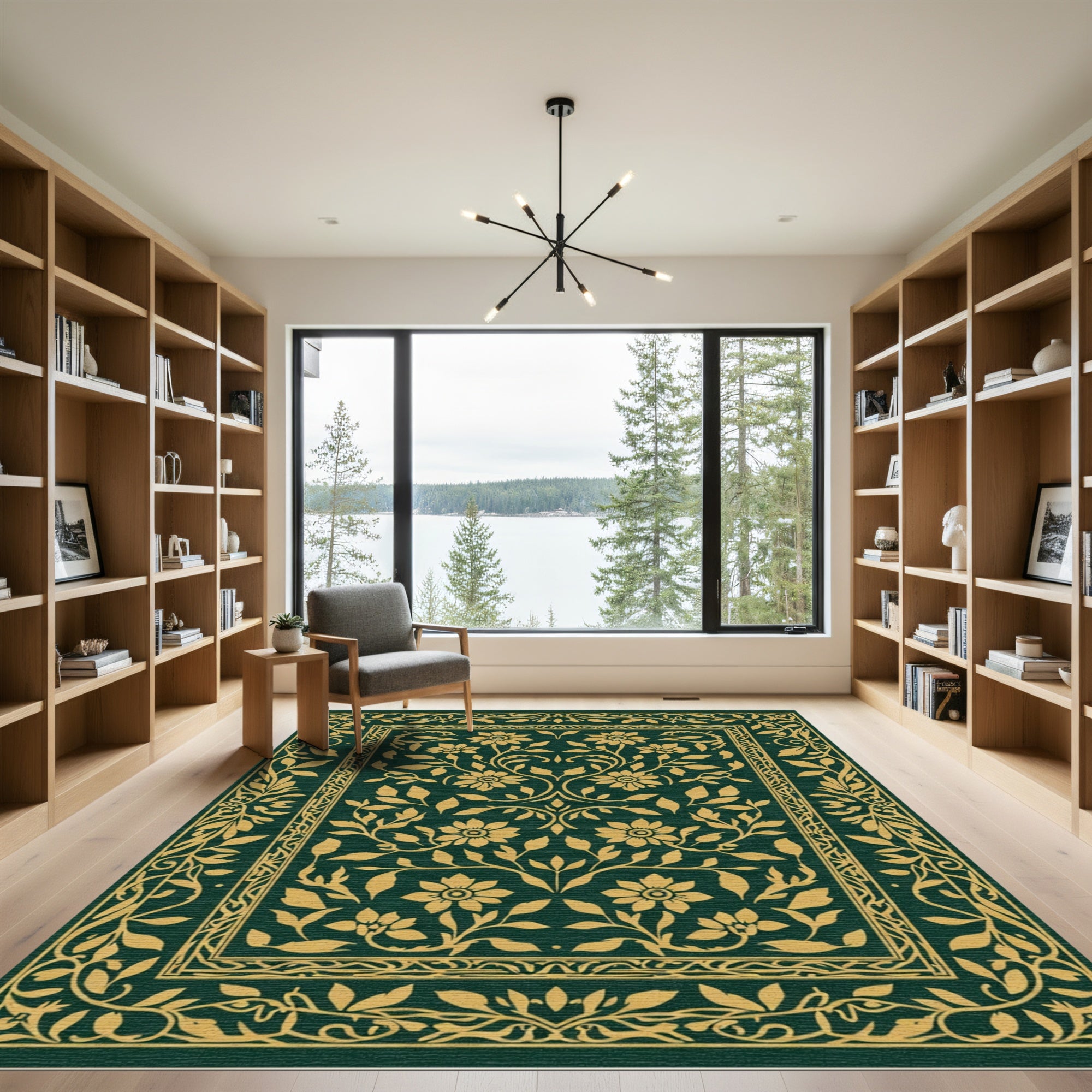 Emerald Gold Floral Vine Border Rug