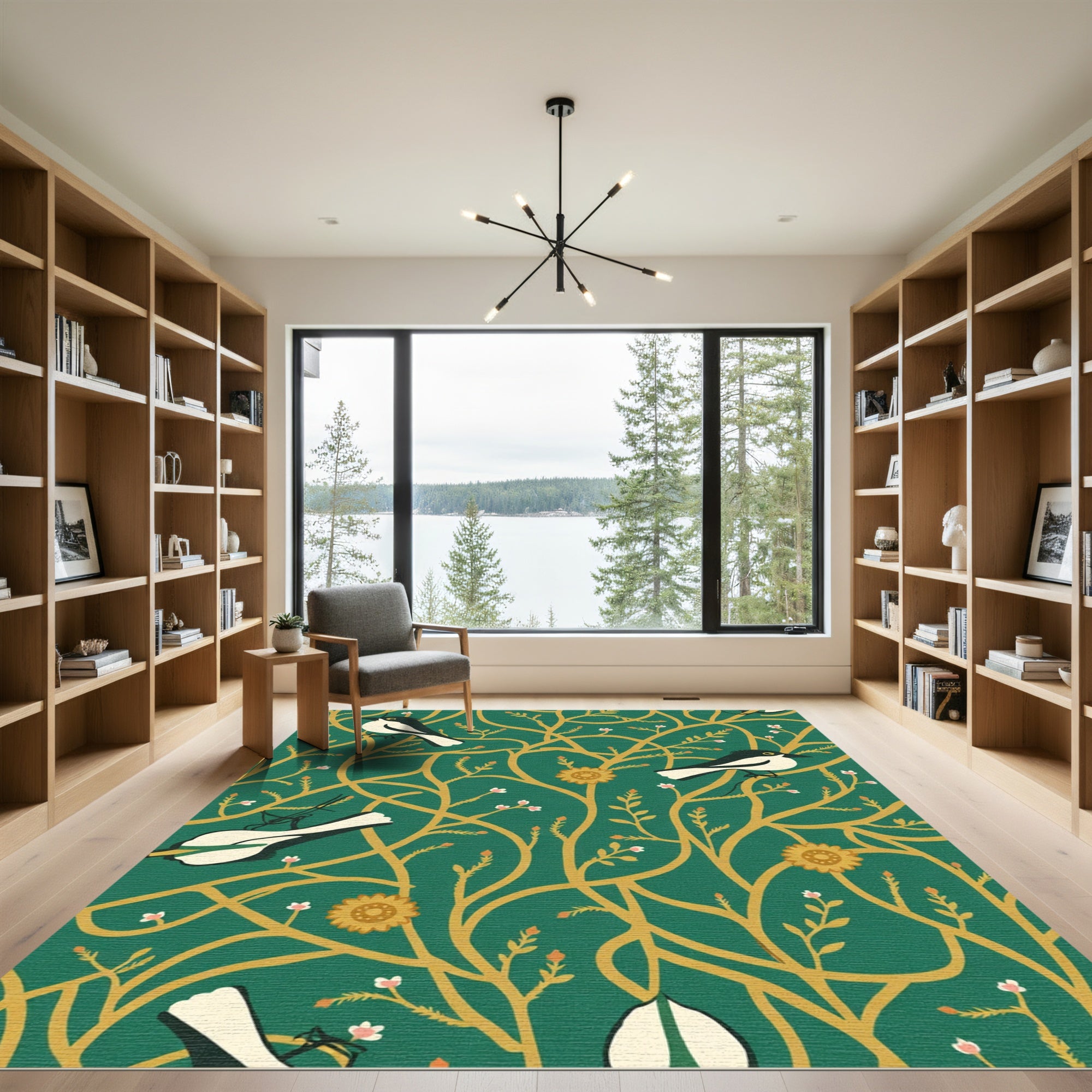 Emerald Green Bird Branch Foliage Rug