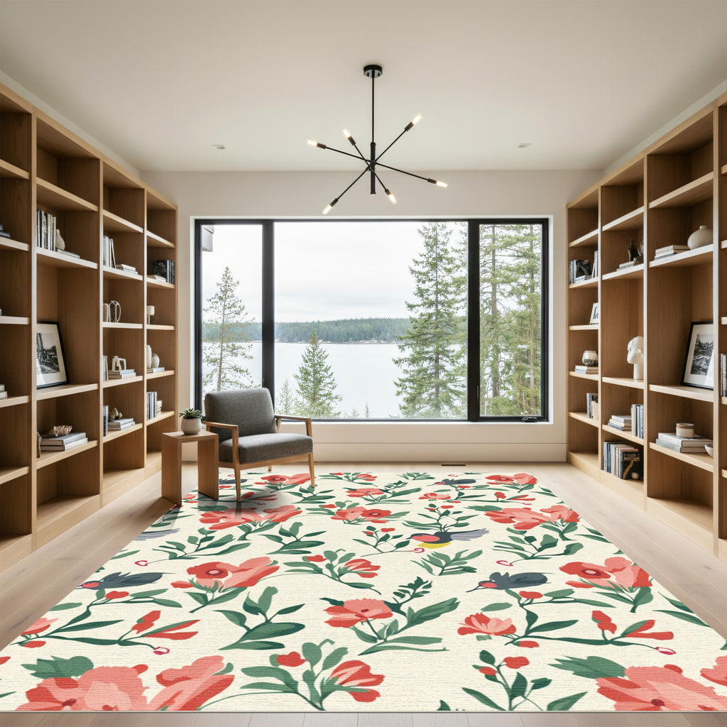 Coral Floral and Bird Garden Rug