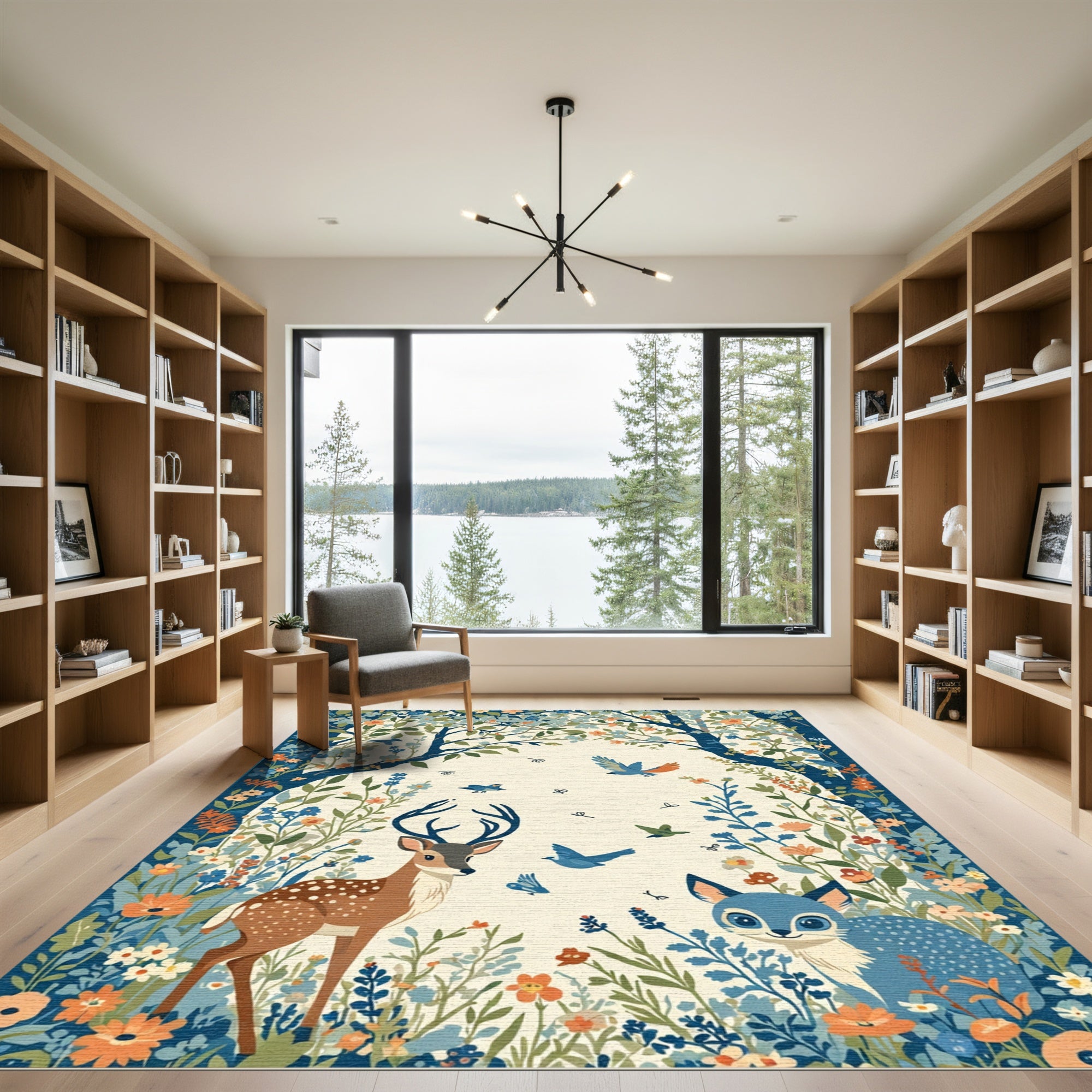 Whimsical Woodland Creatures Floral Painting Rug