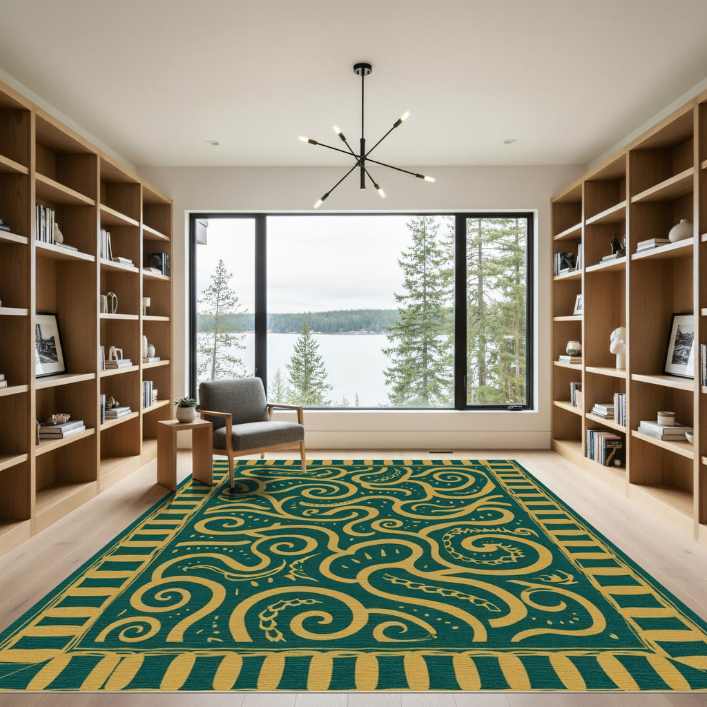 Emerald Gold Abstract Swirls Rug