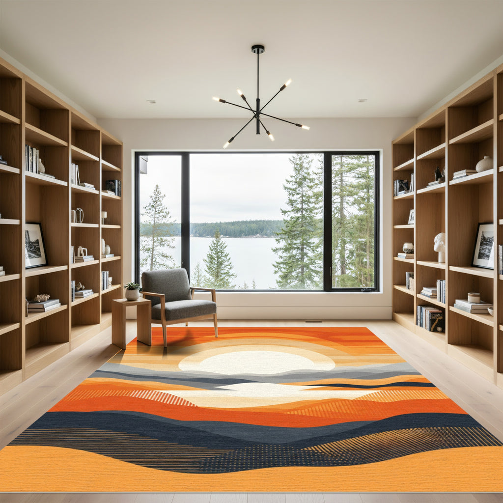 Vibrant Orange Layered Mountain Sunset Rug