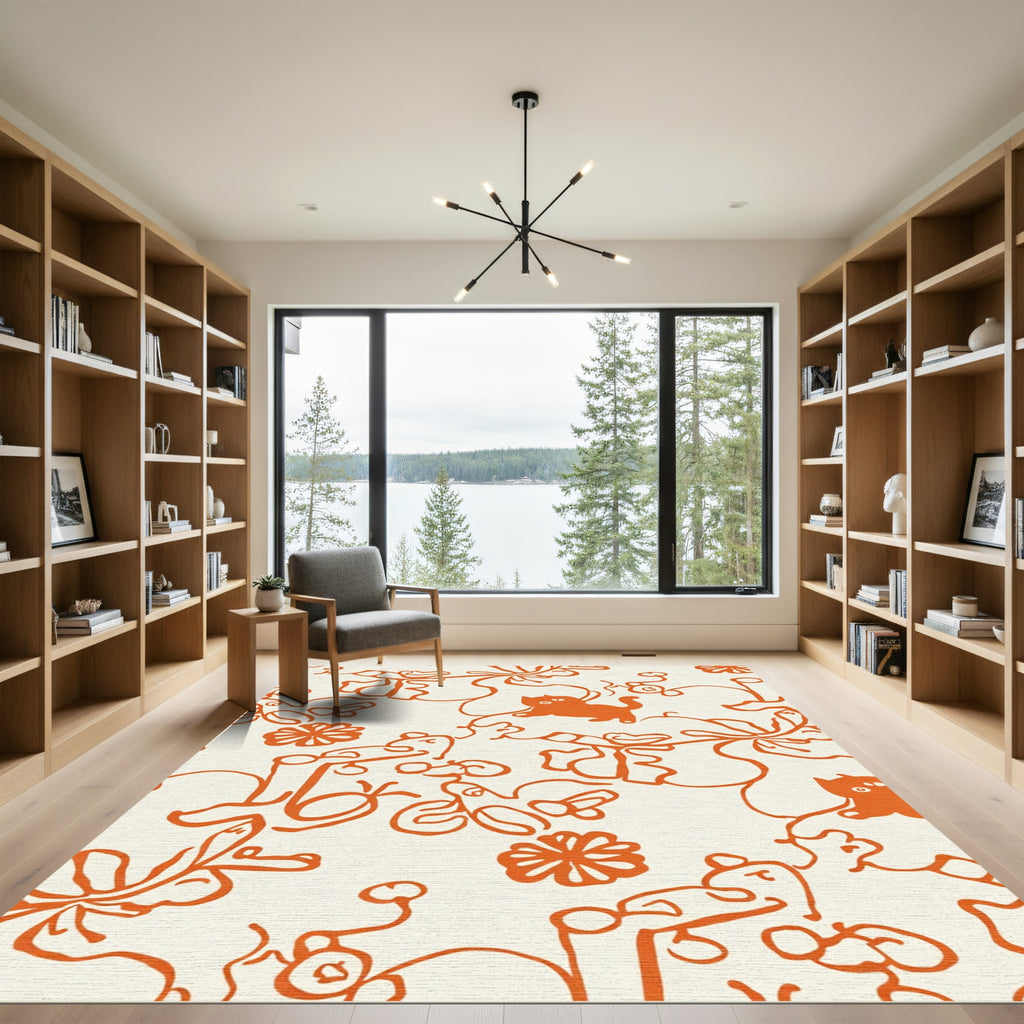 Whimsical Orange Cat Floral Swirls Rug
