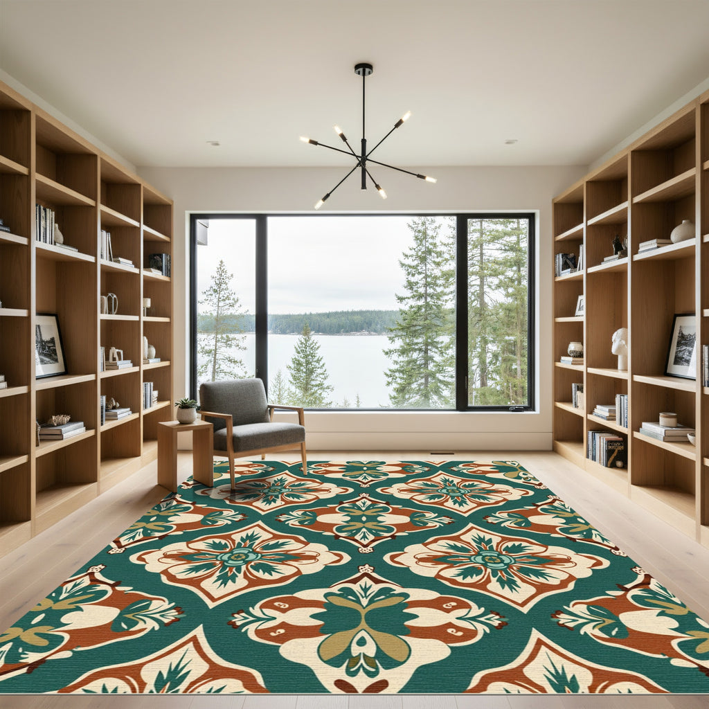 Teal Amber Floral Damask Ornament Rug