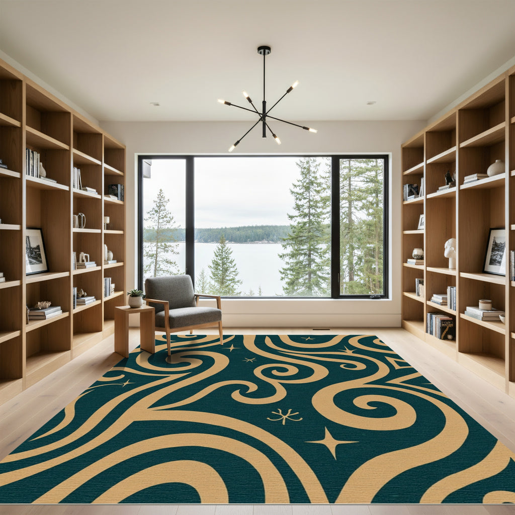 Deep Teal Swirling Stars Rug