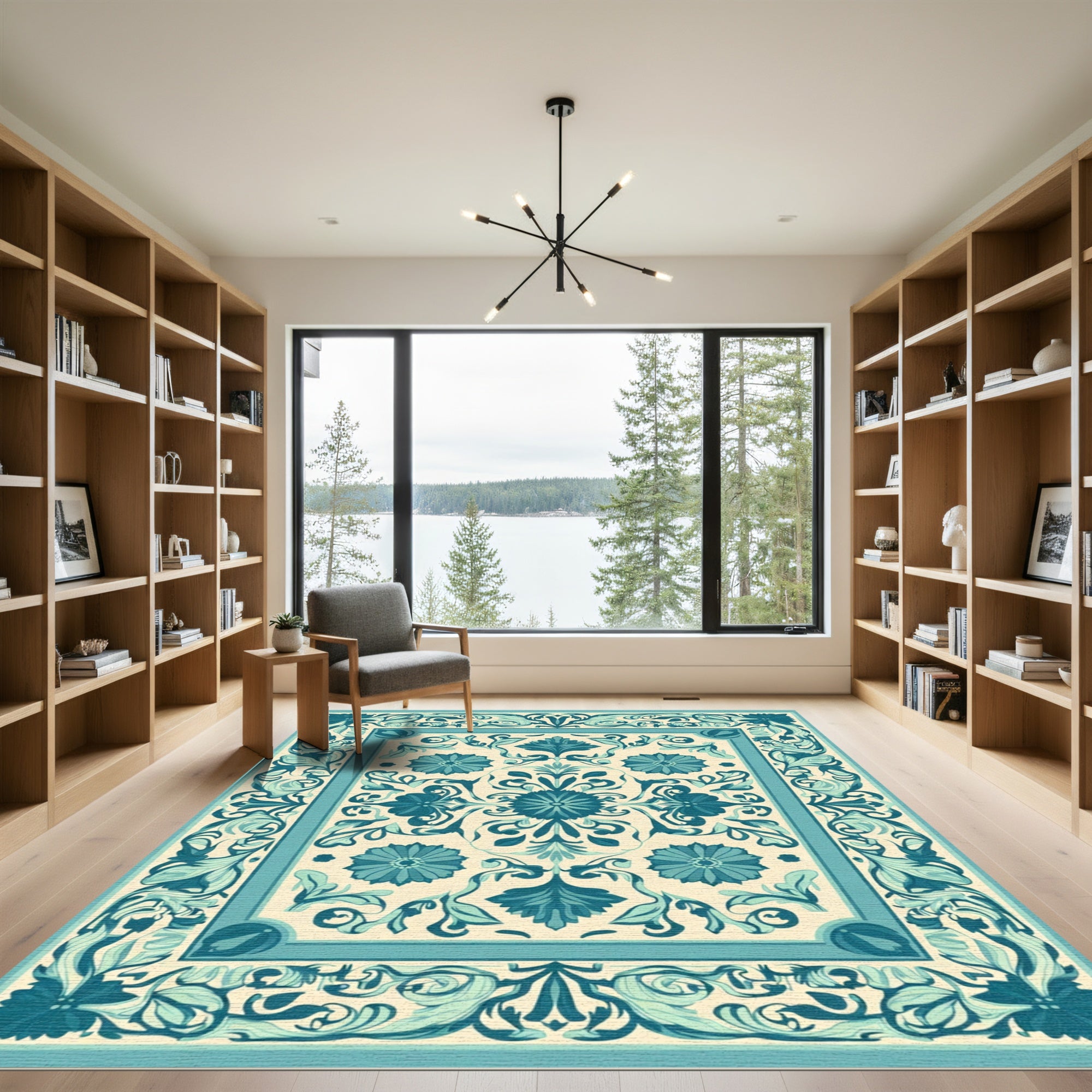 Turquoise Cream Floral Scrollwork Medallion Rug