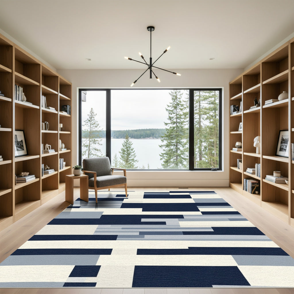 Modern Navy Light Gray Rectangles Rug
