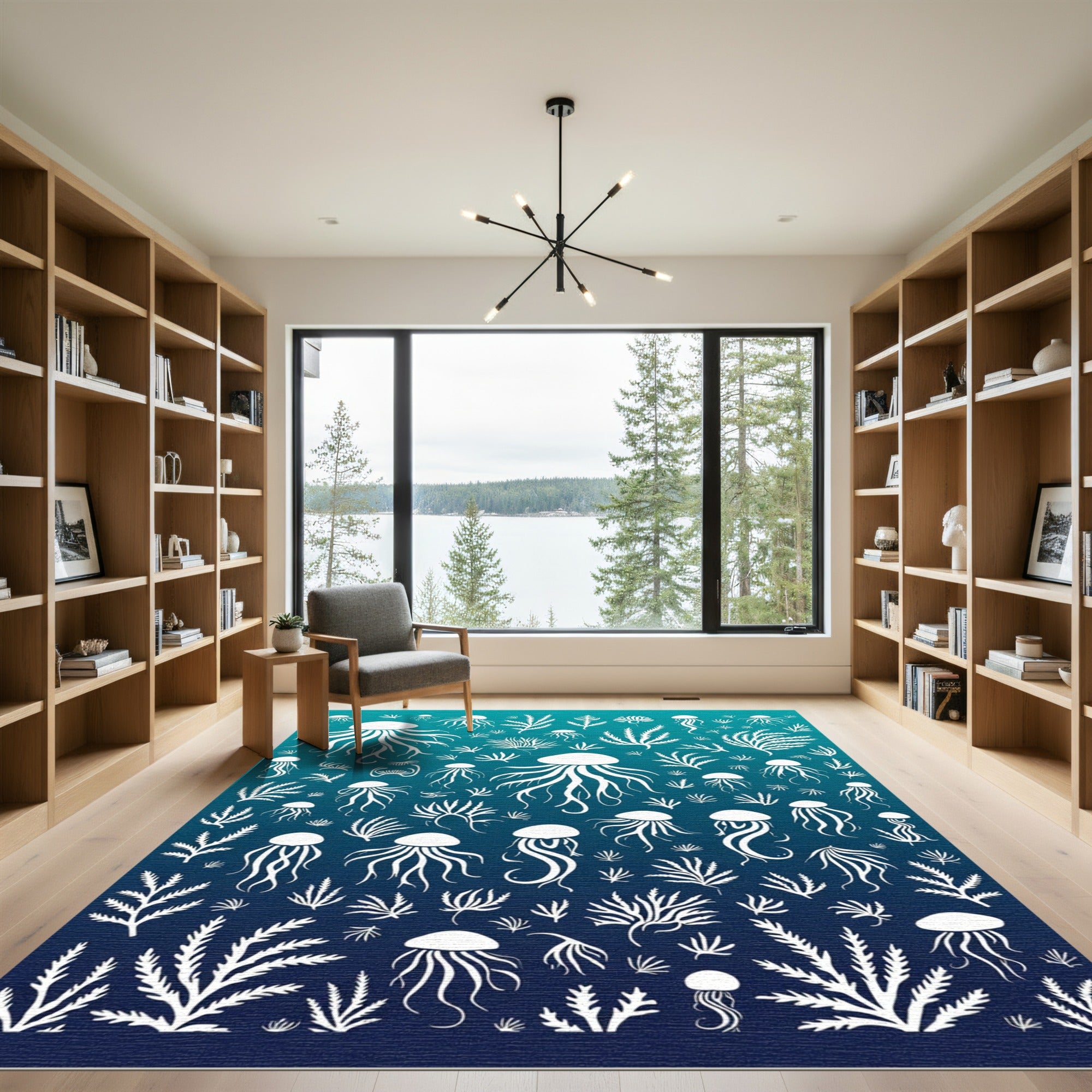 White Jellyfish and Seaweed Ocean Collage Rug