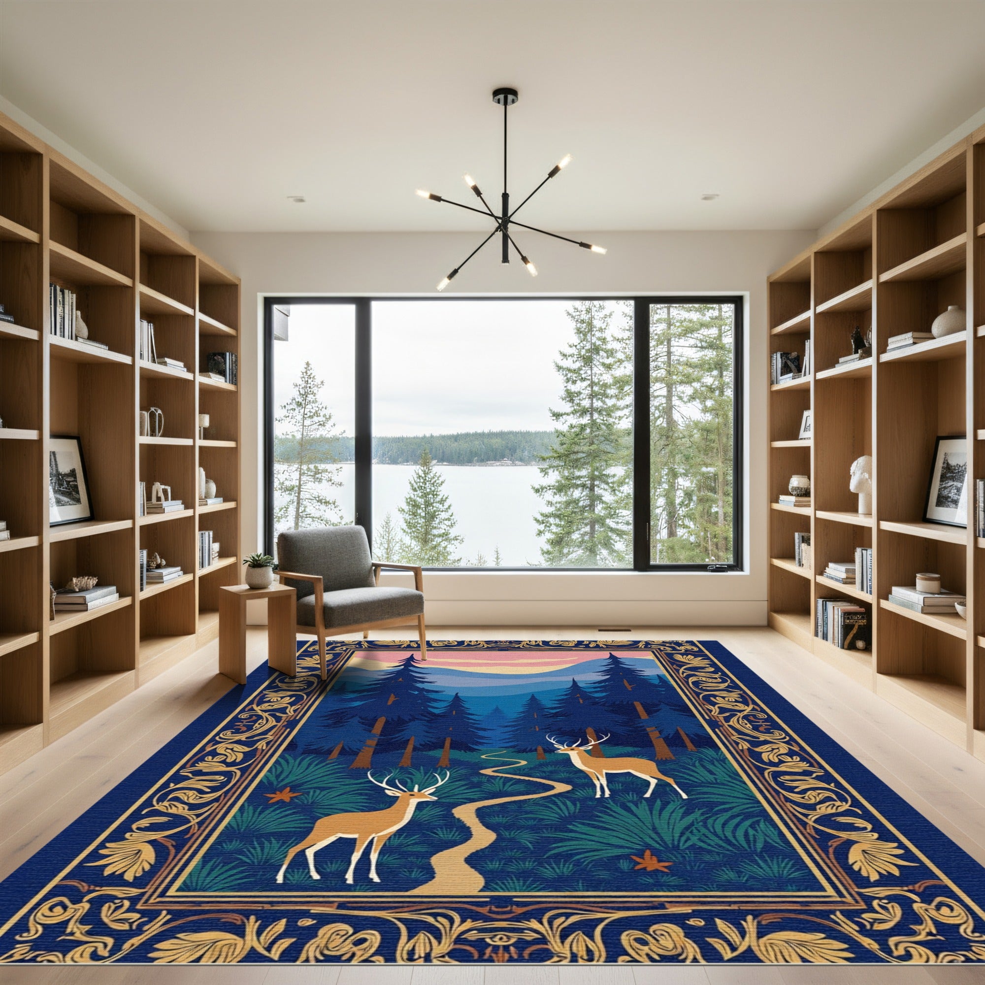 Enchanted Forest Deer Woodland Scene Rug