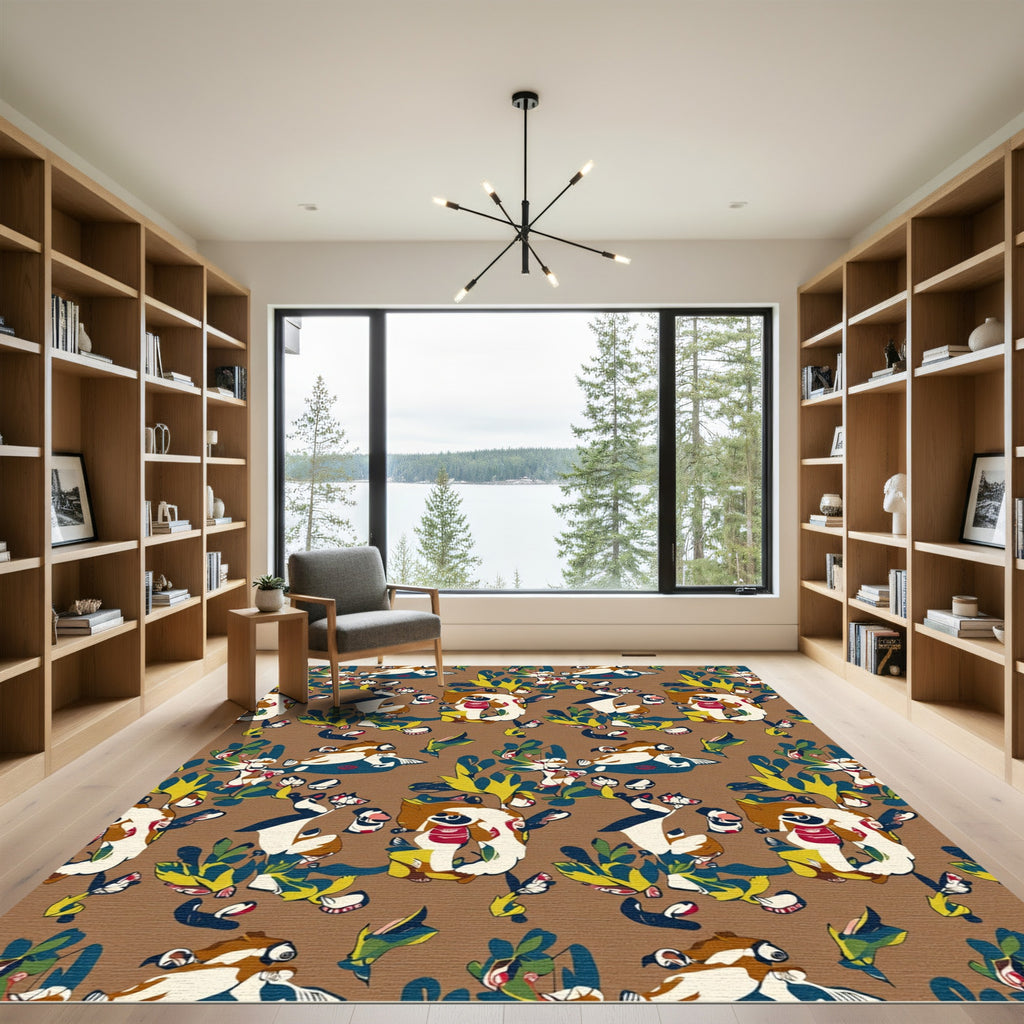 Whimsical Cartoon Creatures Lush Foliage Rug