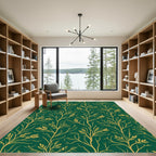 Golden Branch Foliage on Emerald Green Rug