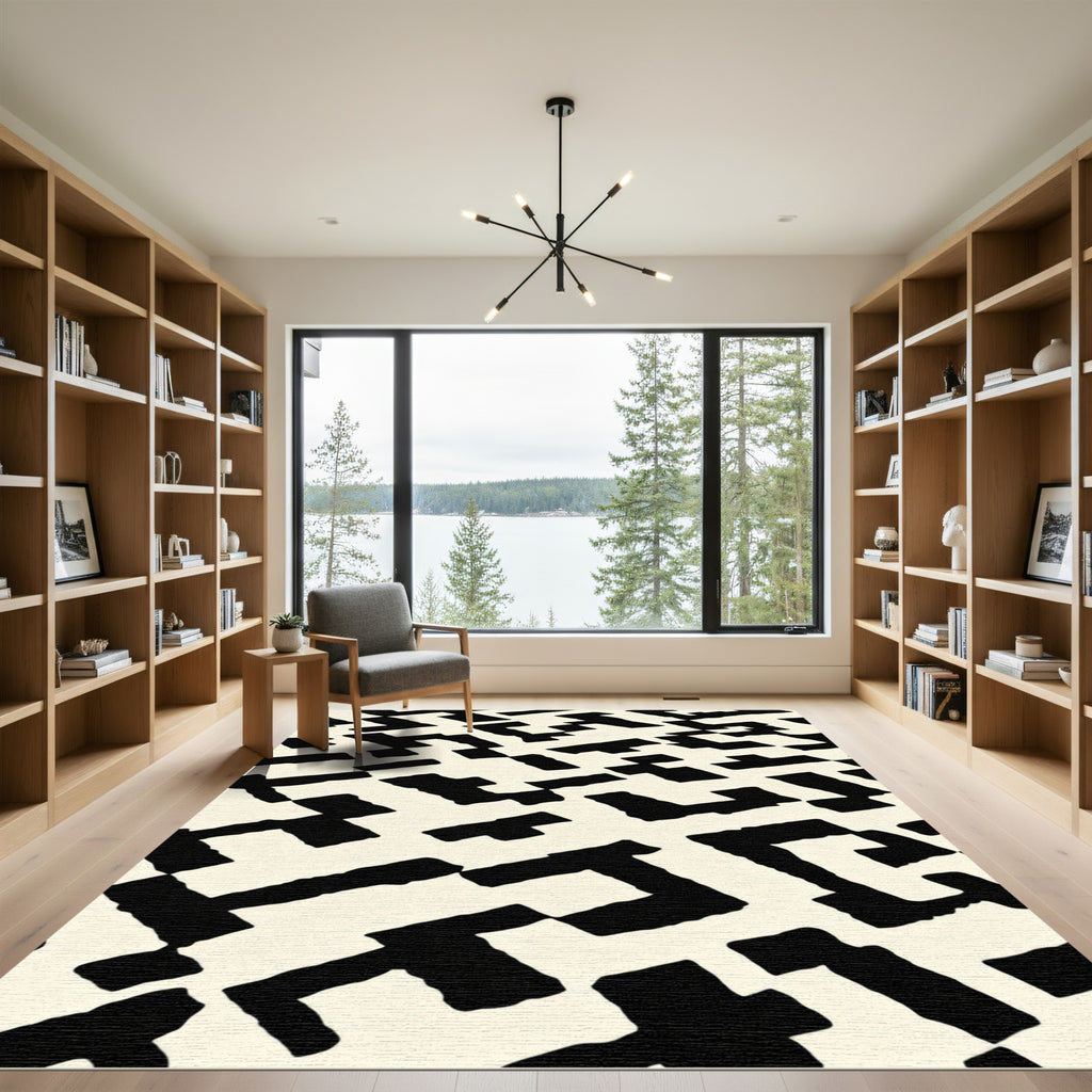 Black White Abstract Geometric Maze Rug