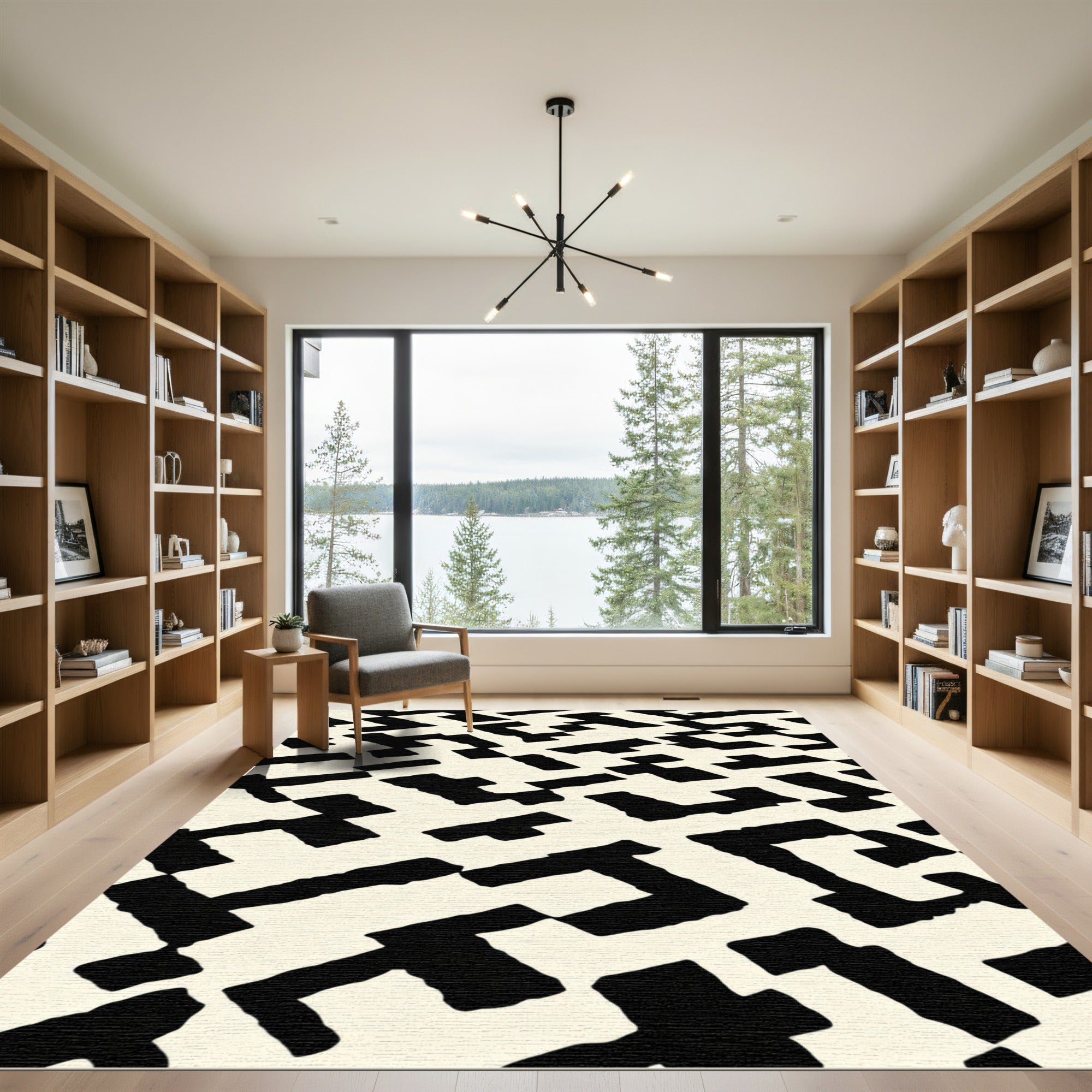 Black White Abstract Geometric Maze Rug