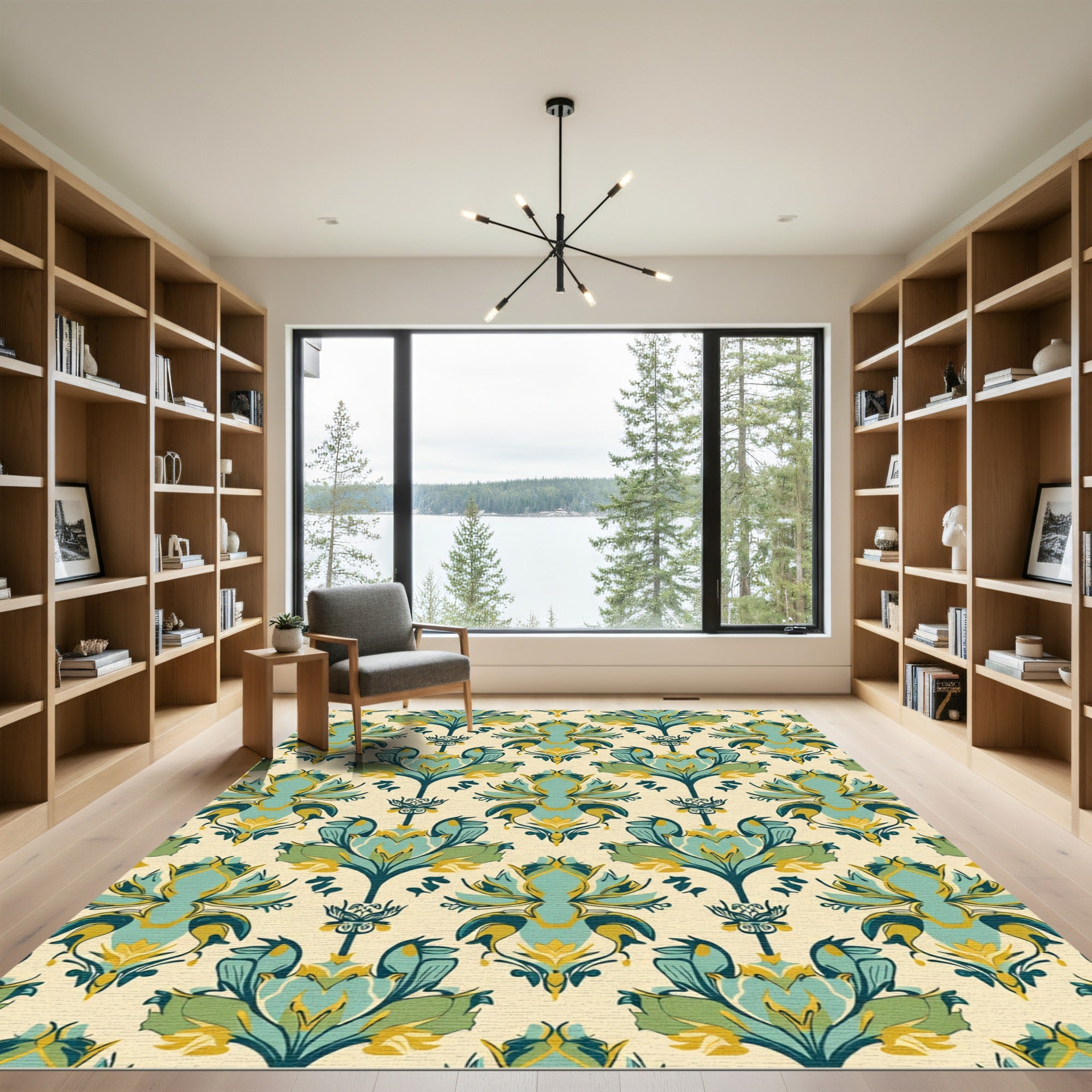 Teal Green Yellow Floral Damask Rug