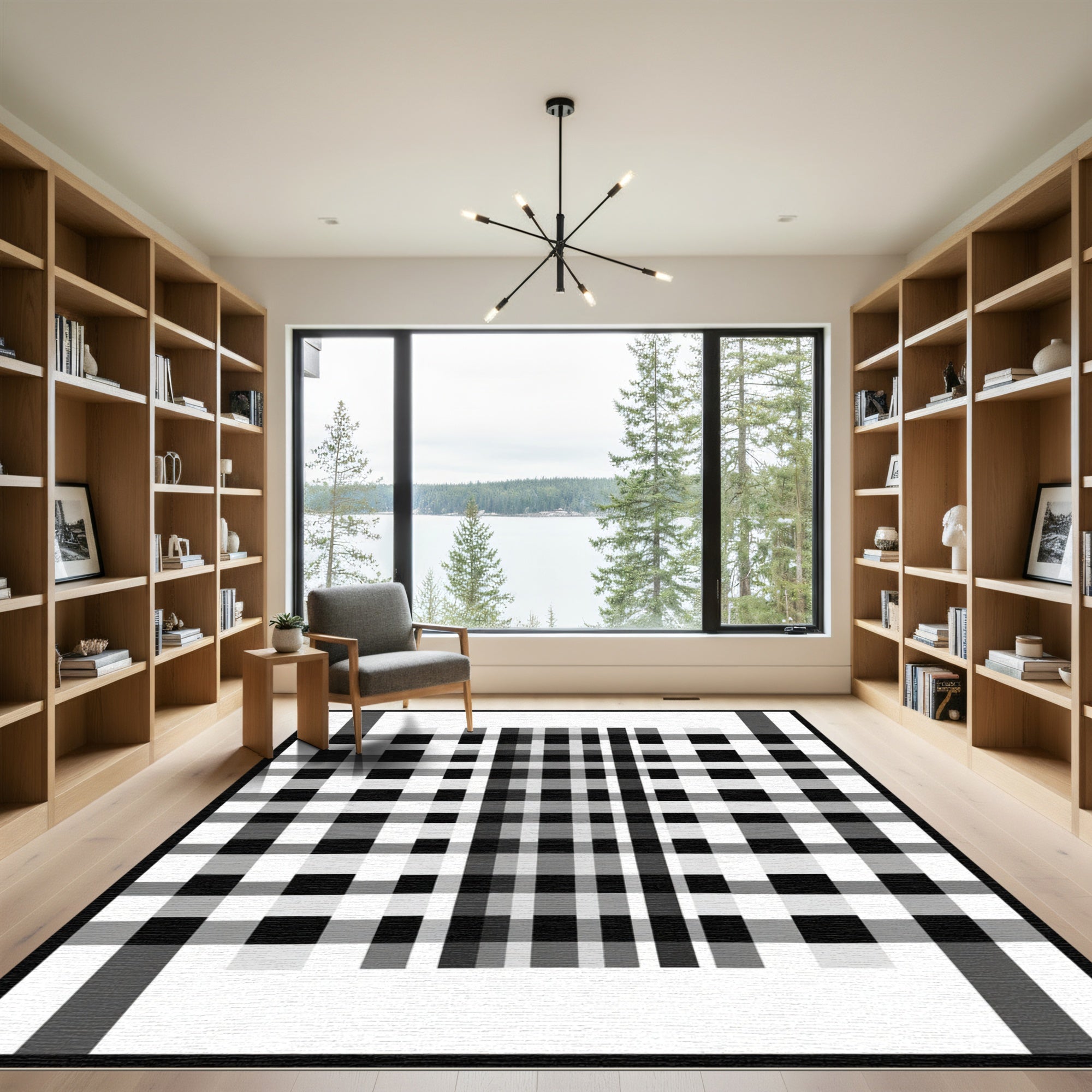 Monochromatic Black White Plaid Check Rug