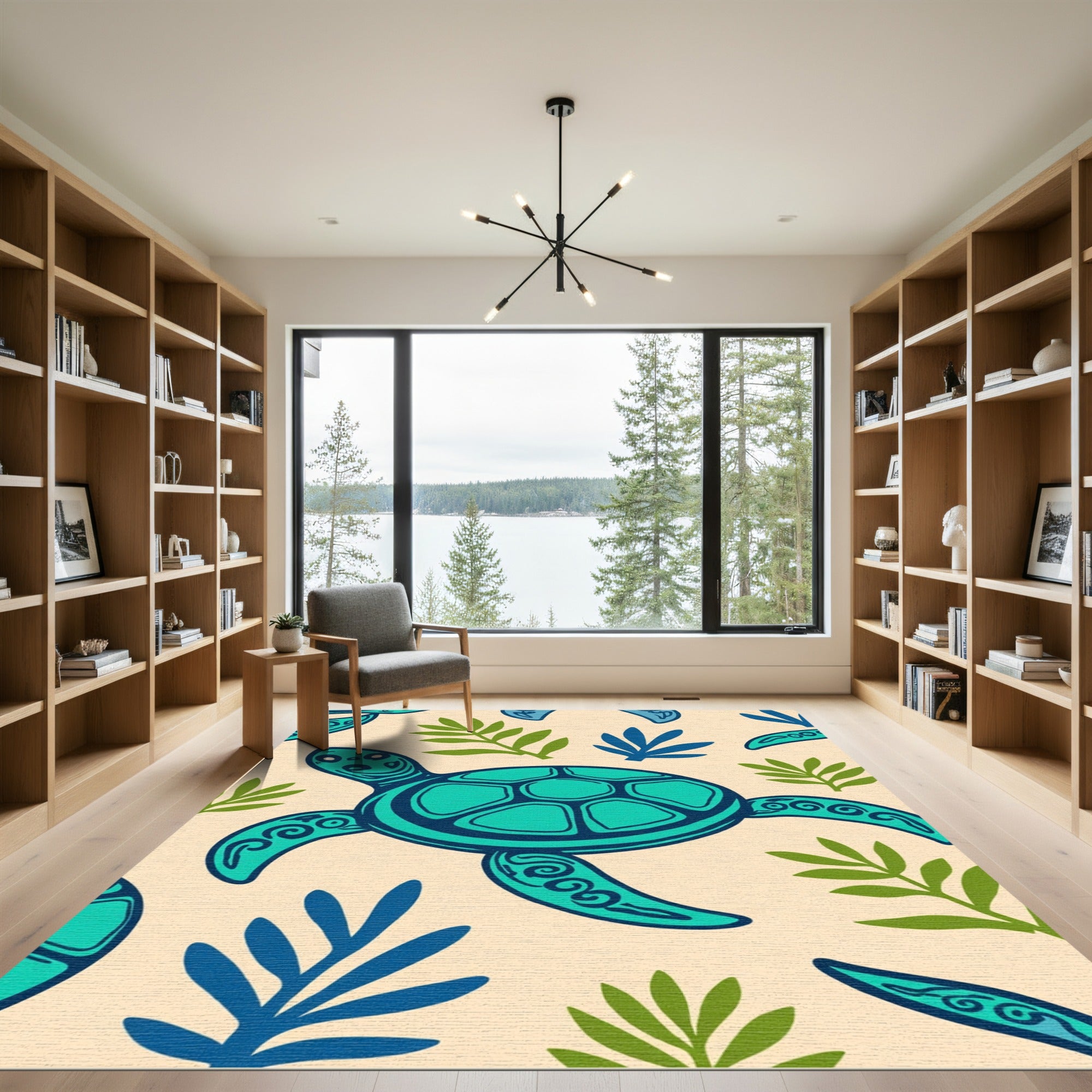 Turquoise Sea Turtle Tropical Foliage Rug