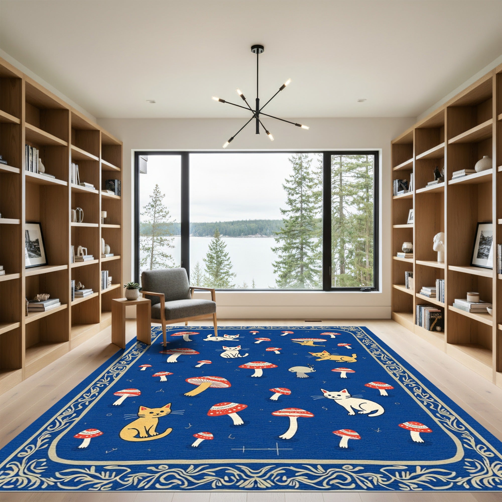 Whimsical Cats Mushroom Forest Blue Rug