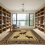 Rich Brown Majestic Deer Forest Border Rug