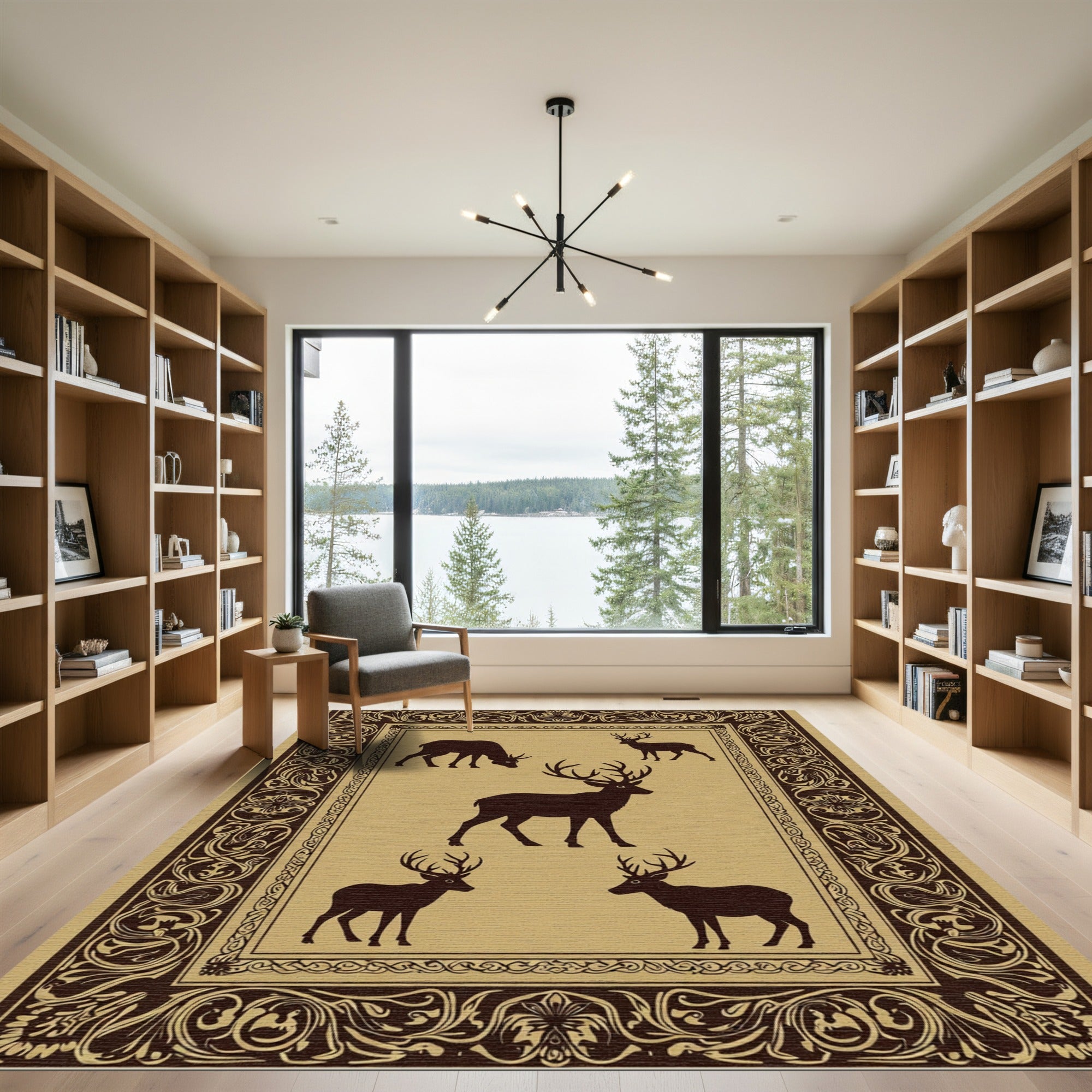 Rich Brown Majestic Deer Forest Border Rug