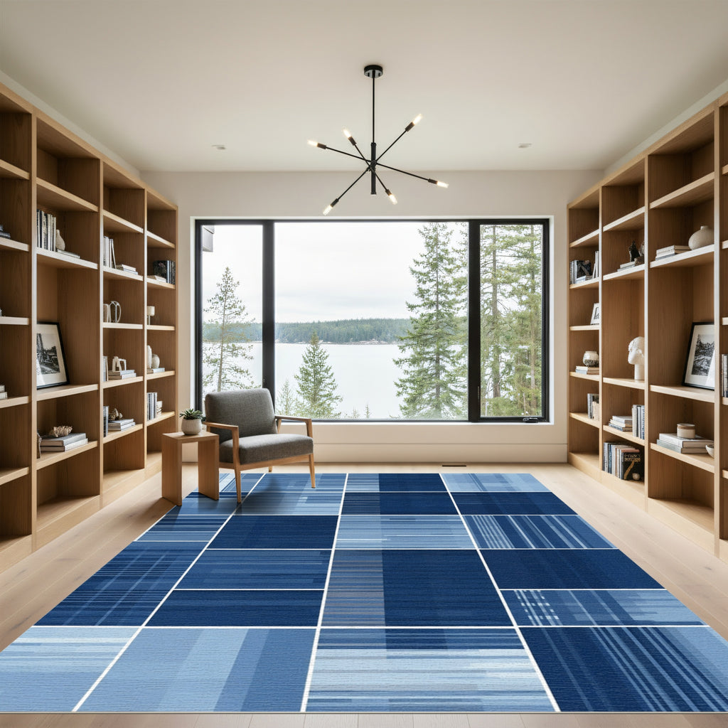 Deep Blue Geometric Pixel Grid Rug