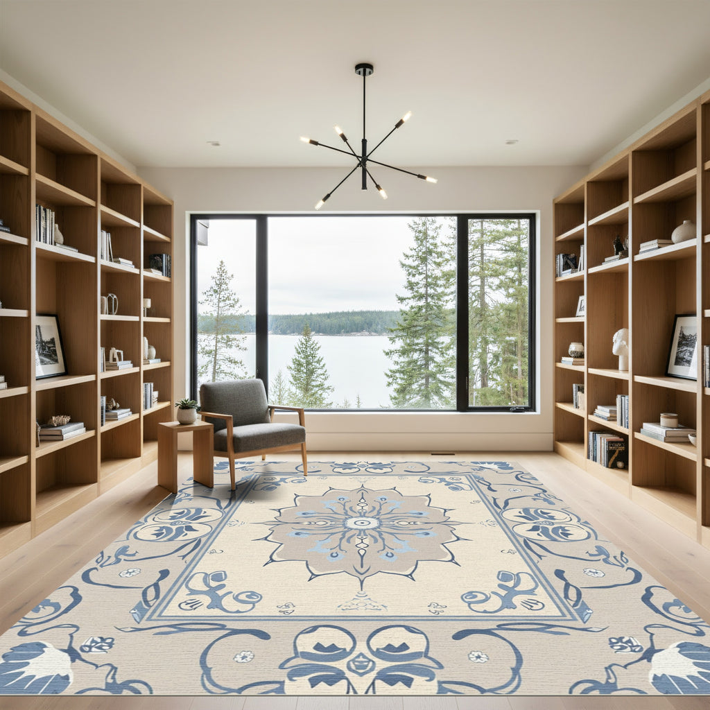 Beige Blue Floral Medallion Damask Rug