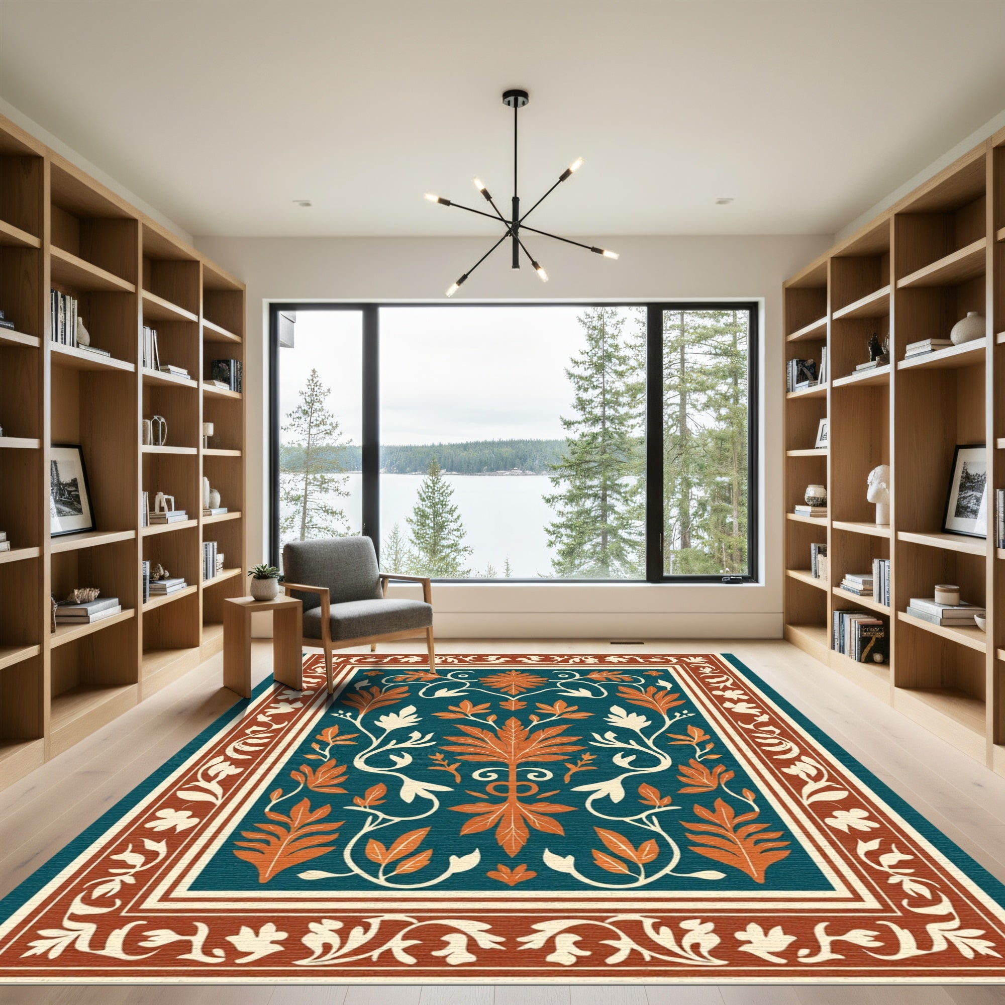 Teal Orange White Floral Vine Border Rug