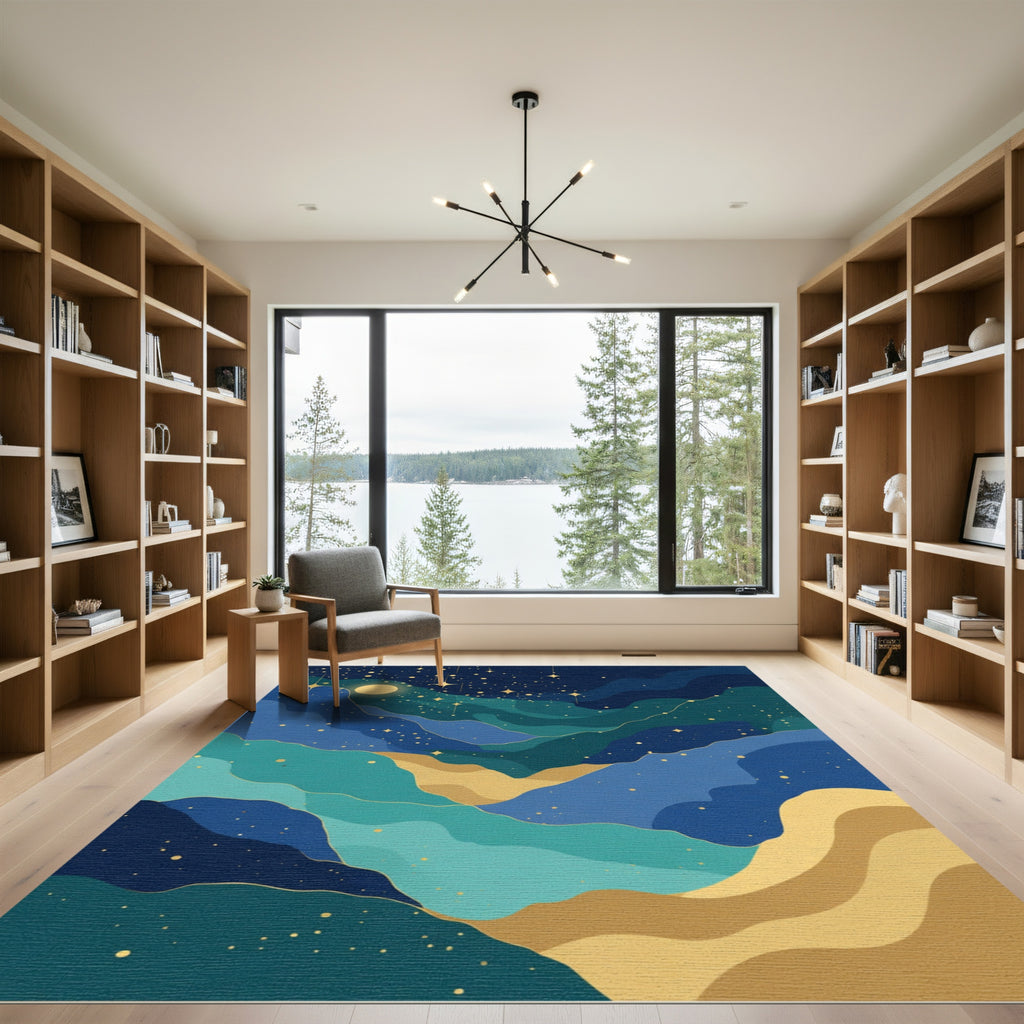 Deep Blue Gold Celestial Landscape Rug