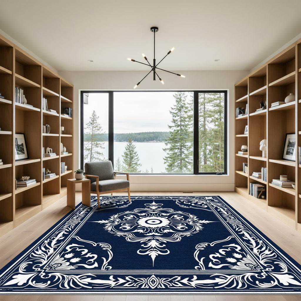 Navy White Floral Intricate Border Rug