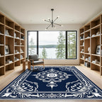 Navy White Floral Intricate Border Rug