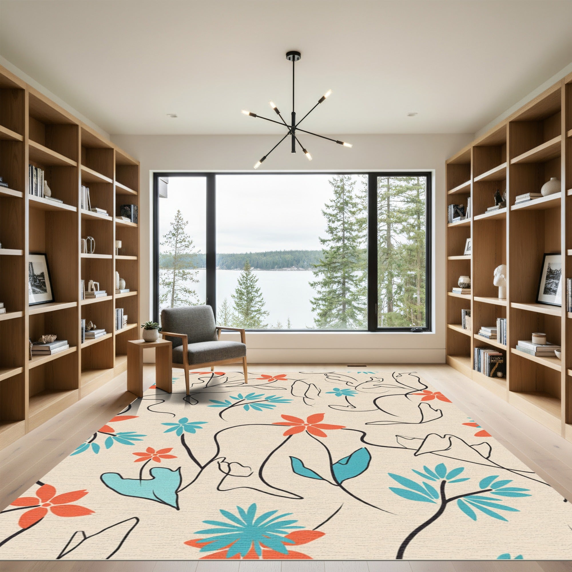 Coral Teal Flowery Outline Vines Rug