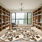 Whimsical Brown Blue Mushroom Folk Art Rug