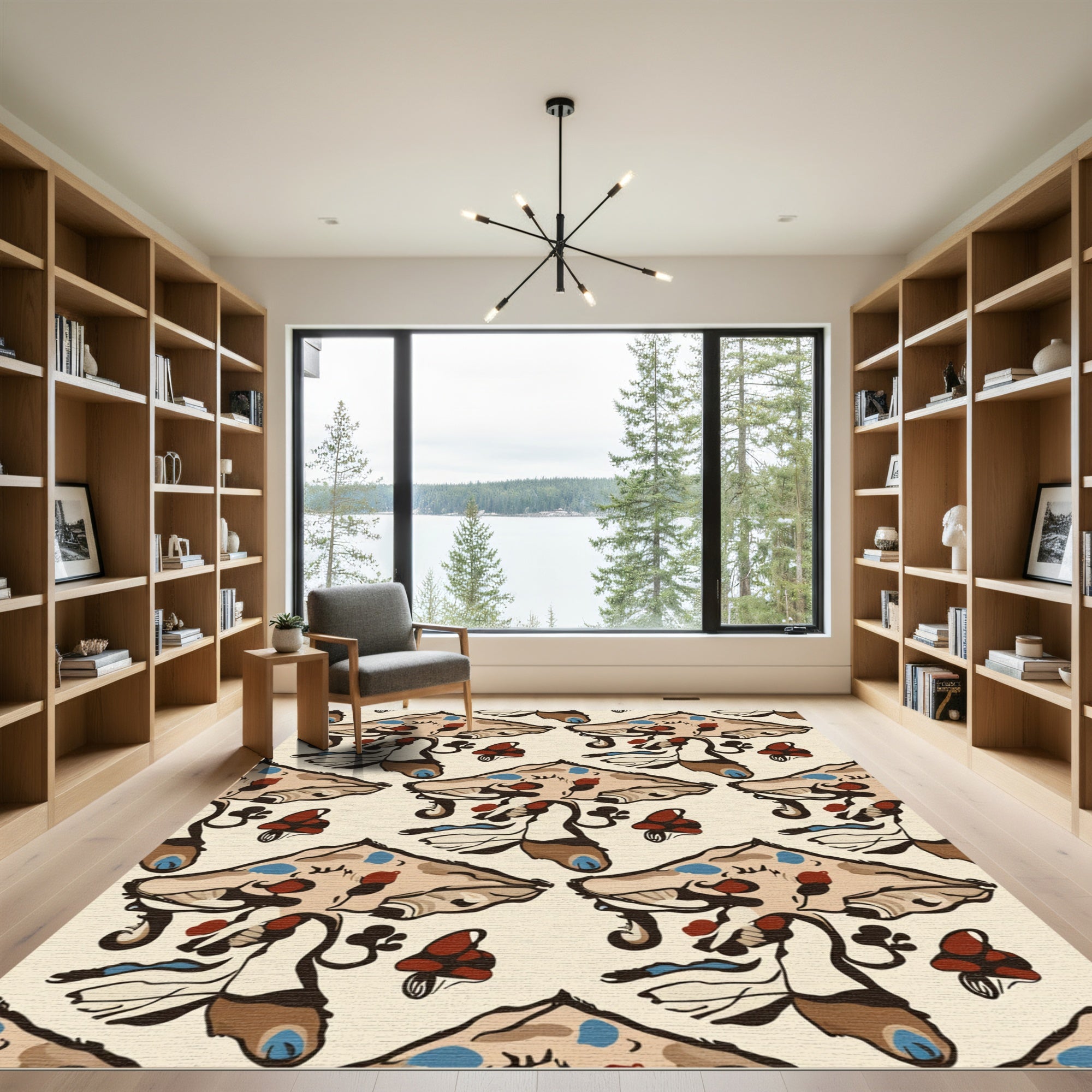Whimsical Brown Blue Mushroom Folk Art Rug