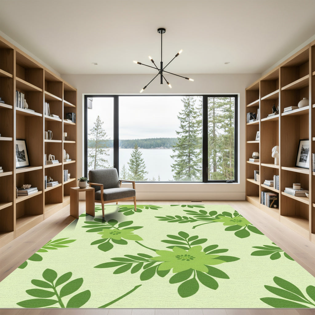 Light Green Floral Branch Pattern Rug