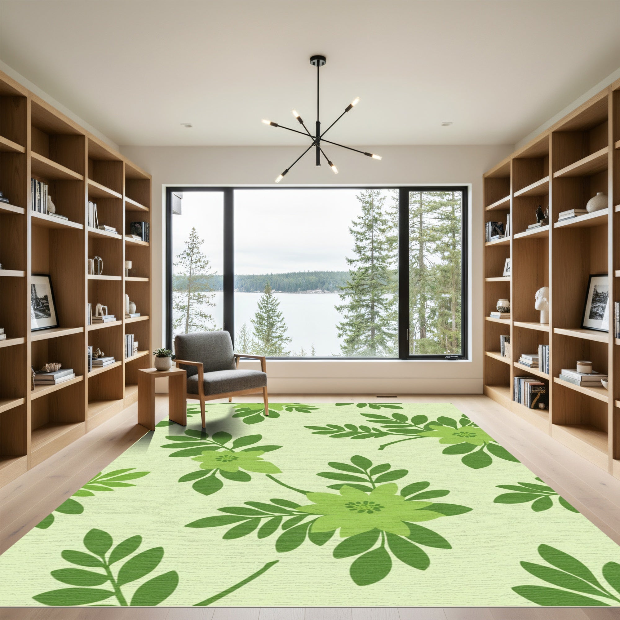 Light Green Floral Branch Pattern Rug