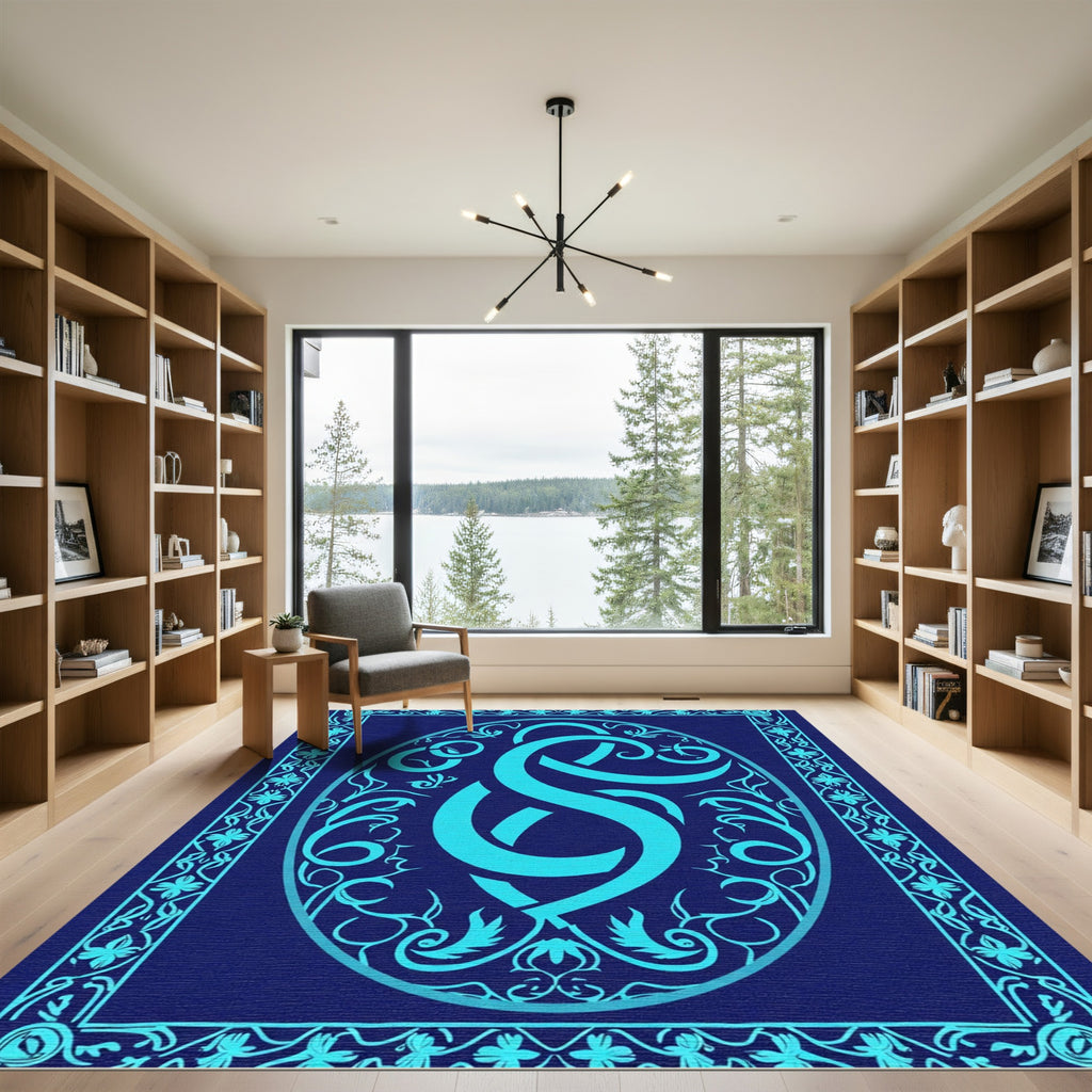 Aqua Abstract Celtic Knot Emblem Rug