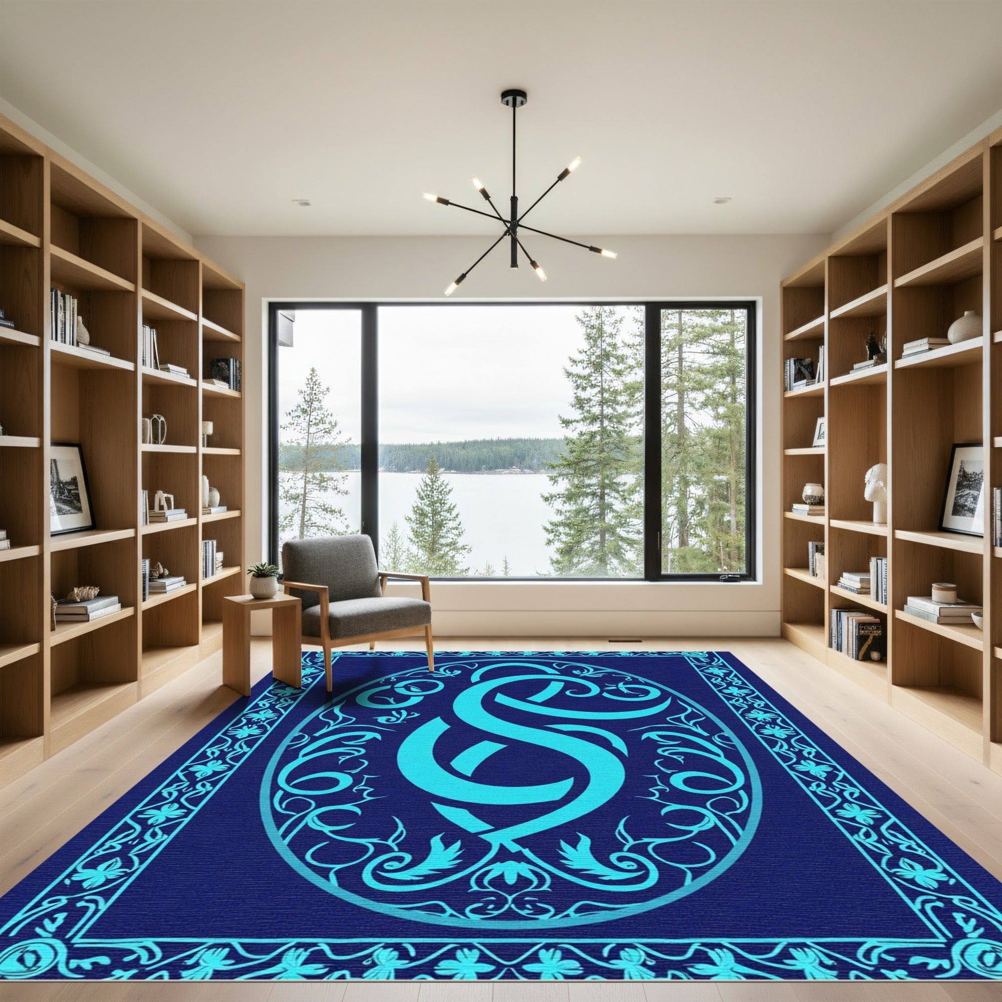 Aqua Abstract Celtic Knot Emblem Rug
