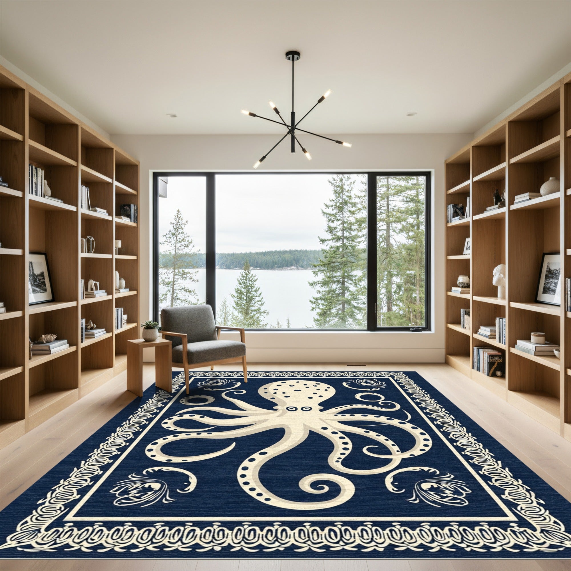 Cream Octopus Navy Victorian Border Rug