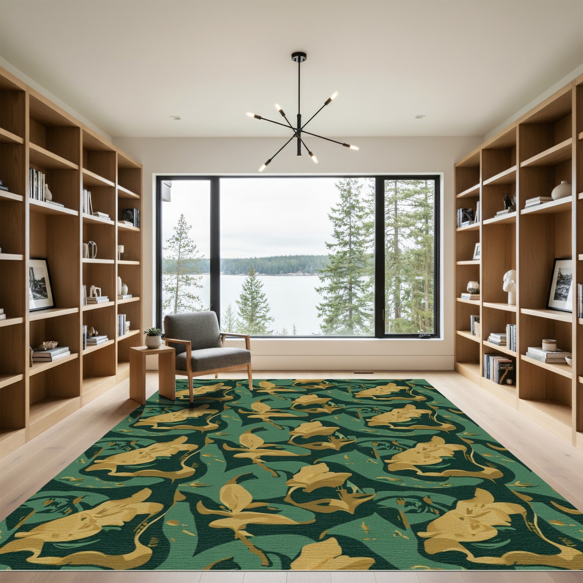 Golden Floral Swirl Forest Green Rug