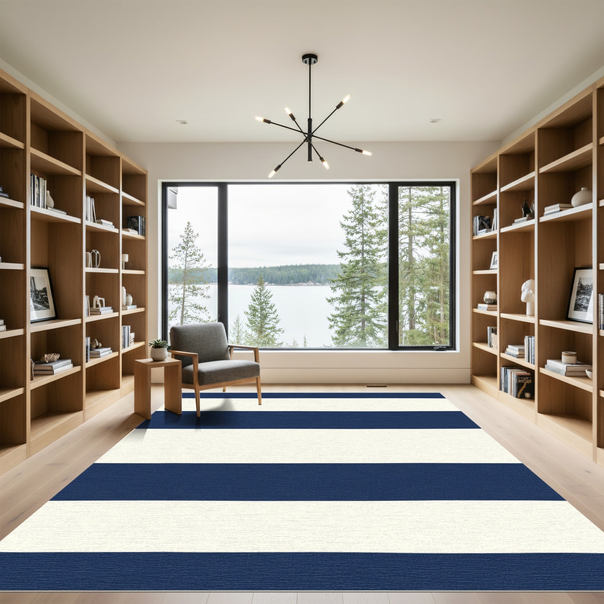 Bold Navy Cream Horizontal Stripe Rug
