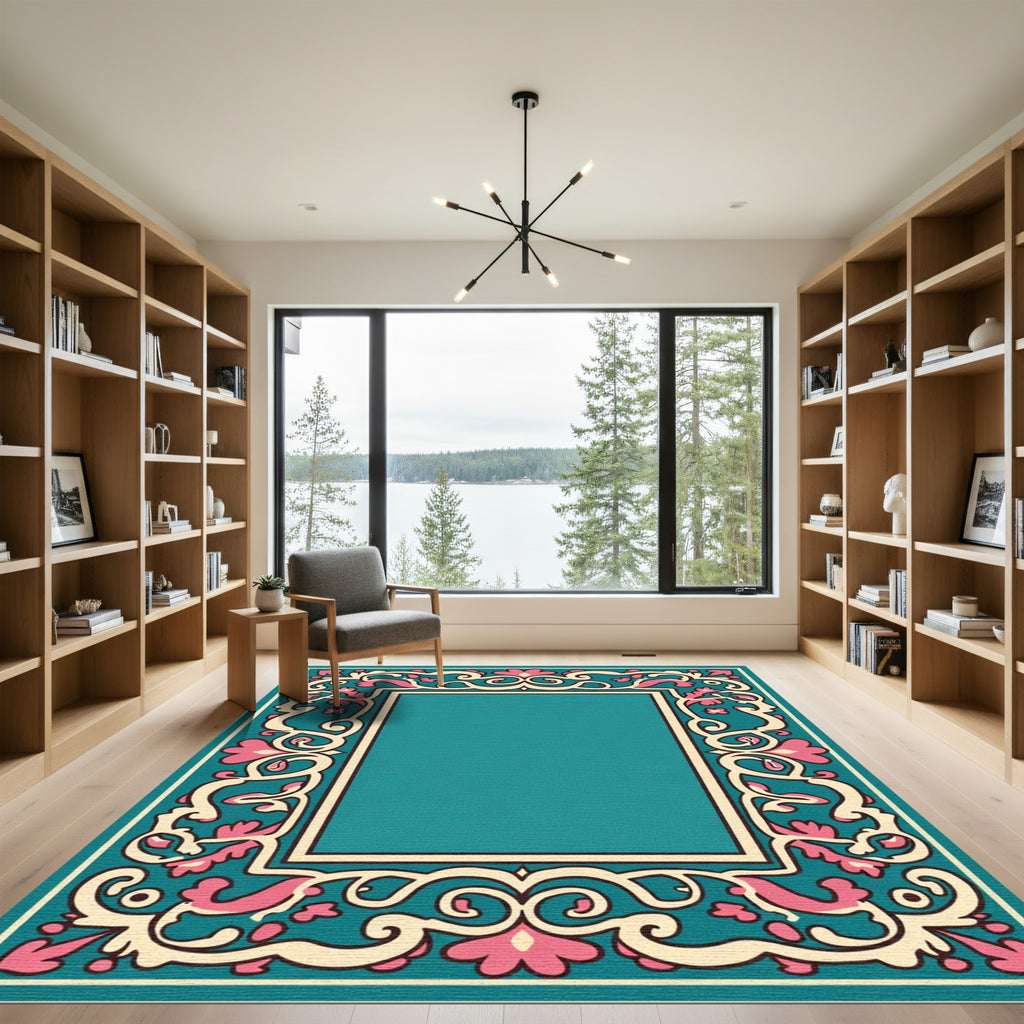 Turquoise Pink Ivory Floral Scroll Rug