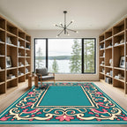 Turquoise Pink Ivory Floral Scroll Rug