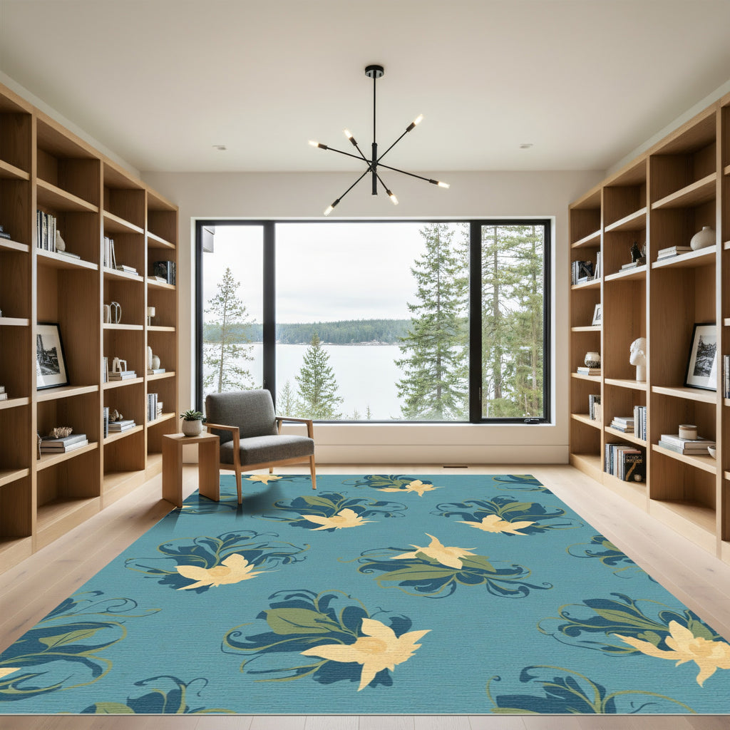 Teal Yellow Floral Swirl Accents Rug